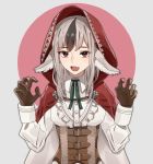  1girl animal_ears black_hair brown_gloves cape fire_emblem fire_emblem_if gloves grey_hair hood hood_up hooded_cape long_sleeves multicolored_hair nintendo open_mouth pikapika_hoppe red_eyes simple_background solo streaked_hair upper_body velour_(fire_emblem_if) wolf_ears 