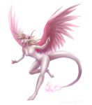  2019 5_fingers anthro digital_media_(artwork) dragon feathered_dragon feathers female hair hi_res pink_eyes pink_hair rosele_(wrappedvi) simple_background smile solo white_background wrappedvi 