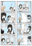  4koma 6+girls blush breasts comic door double_bun elbow_gloves empty_plate flat_chest gloves hair_ornament hair_over_eyes hairband highres kantai_collection large_breasts long_hair long_sleeves mocchi_(mocchichani) multiple_girls ponytail ribbon sailor_collar short_hair short_sleeves sleeveless sweatdrop twintails 