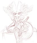  anthro braixen chest_tuft covering dipstick_tail female fluffy fluffy_tail hi_res inner_ear_fluff looking_at_viewer monochrome multicolored_tail nintendo nyaswitchnya pok&eacute;mon pok&eacute;mon_(species) sitting sketch solo stick tuft video_games 