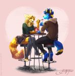  2019 5_fingers absolute_territory ailurid anthro blonde_hair blue_hair canid canine clothed clothing digital_media_(artwork) duo eyes_closed female hair legwear male mammal open_mouth red_panda simple_background sitting skirt smile teeth tongue wolfirry 