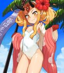  1girl absurdres bare_shoulders blonde_hair blue_sky breasts casual_one-piece_swimsuit closed_mouth cloud cloudy_sky commentary_request day facial_mark fang fang_out fate/grand_order fate_(series) flower forehead_mark hair_flower hair_ornament hairband head_tilt highres horns ibaraki_douji_(fate/grand_order) ibaraki_douji_(swimsuit_lancer)_(fate) lkll long_hair long_sleeves one-piece_swimsuit oni oni_horns outdoors pinching_sleeves red_flower sidelocks sky sleeves_past_wrists small_breasts smile solo strapless strapless_swimsuit swimsuit white_hairband white_swimsuit wide_sleeves 