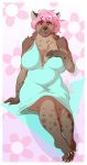  anthro big_breasts breasts clothed clothing doodle_dip dress female hair hyaenid looking_at_viewer mammal pink_hair simple_background smile solo spotted_hyena thick_thighs wide_hips 