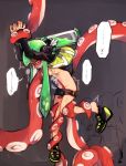  1girl arms_up bike_shorts blush breasts full-face_blush furrowed_eyebrows gag green_hair groin headgear improvised_gag ink_tank_(splatoon) inkling leg_grab long_hair long_sleeves nipples octarian octotrooper open_clothes open_vest paint pixiv13691592 red_eyes restrained shoes single_vertical_stripe small_breasts speech_bubble splatoon splatoon_(series) splatoon_1 squidbeak_splatoon suction_cups tears tentacle tentacle_hair tentacles tentacles_under_clothes vest wrist_grab 