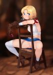  1girl armband asymmetrical_clothes bare_shoulders blonde_hair blue_eyes blush breasts censored chair choker cup drinking_glass elbow_gloves elf glass gloves gluteal_fold halterneck looking_to_the_side miniskirt mosaic_censoring original pointy_ears pussy short_hair sideboob single_sock single_thighhigh skirt slouching socks solo spread_legs sulking sunna_(nilsunna) thighhighs white_legwear wine_glass 