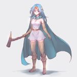  1girl blue_hair boots breasts cape circlet cleavage closed_mouth commentary_request dragon_quest dragon_quest_iii elbow_gloves gloves highres long_hair looking_at_viewer red_eyes sage_(dq3) simple_background solo staff tamago_tomato weapon yellow_gloves 