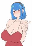  1girl bangs bare_shoulders blue_hair breasts cleavage collarbone commentary english_commentary flat_color hairband highres huge_breasts looking_at_viewer norman_maggot original red_eyes red_tank_top rina_atherina short_hair sidelocks solo spaghetti_strap upper_body w 