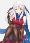  1girl absurdres bangle bare_shoulders bird bird_on_hand black_gloves black_legwear blue_scarf blush bracelet commentary_request dress elbow_gloves fingerless_gloves fire_emblem fire_emblem:_akatsuki_no_megami fire_emblem_heroes gloves hair_ribbon half_updo highres jewelry long_hair micaiah nintendo pantyhose ribbon scarf shiyo_yoyoyo side_slit silver_hair sitting sleeveless sleeveless_dress solo yellow_eyes yune 