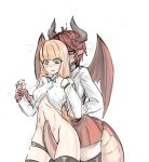  2girls anne_(shingeki_no_bahamut) aqua_eyes aqua_neckwear arm_grab bangs between_legs black_horns black_legwear blunt_bangs blush bow bowtie breasts brown_hair clenched_hand collared_shirt dragon_girl dragon_tail dragon_wings female granblue_fantasy grea_(shingeki_no_bahamut) groin hands_up horns interspecies lazuren legband light_brown_hair long_hair long_sleeves looking_at_another looking_down manaria_friends medium_breasts multiple_girls no_panties open_mouth pleated_skirt pointy_ears red_eyes red_skirt restrained shirt short_hair simple_background skirt standing sweat tail tail_between_legs thighhighs white_background white_shirt wings wrist_grab yuri 