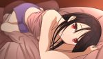  1girl absurdres black_hair couch highres indoors kaguya-sama_wa_kokurasetai_~tensai-tachi_no_renai_zunousen~ long_hair looking_at_viewer lying mahdi on_side open_mouth pink_shirt purple_shorts red_eyes shinomiya_kaguya shirt shorts solo 