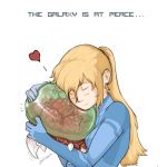  blonde_hair eyes_closed heart highres hug long_hair lyra-gwyndolin-dark metroid metroid_(creature) nintendo samus_aran zero_suit 