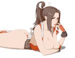  1girl arm_guards ass bare_shoulders breasts brown_eyes brown_hair cleavage dress fatal_fury japanese_clothes large_breasts lying materclaws ninja obi on_stomach pelvic_curtain ponytail revealing_clothes rope sash shiranui_mai sideboob sidelocks sleeveless sleeveless_dress the_king_of_fighters thong 