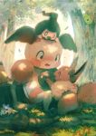  blush bow caterpie caterpillar commentary_request creatures_(company) eevee eyes_closed forest game_freak gen_1_pokemon gen_4_pokemon highres manino_(mofuritaionaka) mime_jr. mr._mime nature nintendo no_humans open_mouth pikachu pokemon pokemon_(creature) signature sitting tree tree_stump weedle 