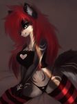  &lt;3 anthro black_nose blue_eyes breasts canid canine canis claws cleavage clothed clothing ear_piercing female hair inner_ear_fluff kolae legwear lingerie long_hair looking_at_viewer mammal panties piercing red_hair sitting smile solo spread_legs spreading stockings striped_legwear striped_stockings stripes thigh_highs underwear wolf 