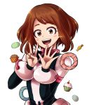  1girl :d blush blush_stickers boku_no_hero_academia brown_eyes brown_hair cupcake doughnut food hands_up lei-lei looking_at_viewer macaron muffin open_mouth short_hair smile solo transparent_background upper_body uraraka_ochako v wrapped_candy 