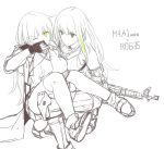  2girls absurdres carrying character_name english_text eyebrows_visible_through_hair fingerless_gloves girls_frontline gloves green_eyes highres jacket m4a1_(girls_frontline) mod3_(girls_frontline) multiple_girls one_eye_closed princess_carry prosthesis prosthetic_leg ro635 ro635_(girls_frontline) sketch u_nagidon yellow_eyes 