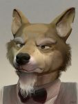  2019 anthro bow_tie brown_eyes canid canine canis claude_oakewood clothed clothing coyote digital_media_(artwork) facial_hair fur goatee grey_background hi_res jonas male mammal portrait simple_background solo tamberlane_(comic) tan_fur whiskers white_fur 