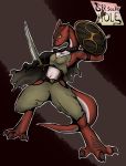  anthro female kobold melee_weapon red_scales reptile scales scalie scaliehole shield sir_scaliehole solo sword weapon 