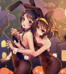  10s 2girls :o animal animal_ears artist_name ass bangs bare_arms bare_shoulders black_bow black_bunny_ears black_hair black_legwear black_leotard black_neckwear blush bow bowtie breasts brown_eyes brown_hair bunny_ears bunny_girl bunny_tail bunnysuit cleavage closed_mouth cowboy_shot crossover detached_collar embarrassed eyebrows_visible_through_hair fake_animal_ears fake_tail female groping hair_ornament hair_ribbon hairband hairclip halloween hyanna-natsu imminent_breast_grab jack-o&#039;-lantern leaning_forward leotard long_hair looking_at_another looking_at_viewer medium_breasts multiple_girls naughty_face neck open_mouth orange_hairband orange_ribbon pantyhose pumpkin purple_eyes ribbon sakurajima_mai seishun_buta_yarou shaded_face short_hair shy sidelocks smile stage strapless strapless_leotard suzumiya_haruhi suzumiya_haruhi_no_shoushitsu suzumiya_haruhi_no_yuuutsu tail wrist_cuffs yuri 