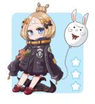  0yui 1girl abigail_williams_(fate/grand_order) bangs black_bow black_jacket blonde_hair blue_background blue_eyes blush bow chibi closed_mouth commentary_request crossed_bandaids fate/grand_order fate_(series) fou_(fate/grand_order) full_body hair_bow hair_bun heroic_spirit_traveling_outfit highres holding_balloon jacket long_hair long_sleeves looking_at_viewer object_hug orange_bow parted_bangs polka_dot polka_dot_bow red_bow red_footwear shoes sleeves_past_fingers sleeves_past_wrists solo star stuffed_animal stuffed_toy teddy_bear tentacle two-tone_background white_background 