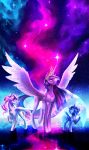  2019 digital_media_(artwork) equid feathered_wings feathers female feral friendship_is_magic fur glitteronin group hair hi_res horn mammal my_little_pony night outside princess_celestia_(mlp) princess_luna_(mlp) purple_eyes purple_fur purple_hair sky smile star starry_sky twilight_sparkle_(mlp) winged_unicorn wings 