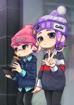  1boy 1girl badge beanie black_pants blue_hoodie button_badge cellphone cup drawstring drinking_straw grey_eyes hand_up hat highres holding holding_cup holding_phone hood hood_down hoodie inkling long_hair long_sleeves octarian octoling pants phone pink_hat pixiv13691592 pointy_ears pom_pom_(clothes) purple_hair purple_hat short_hair slit_pupils smartphone smartphone_case splatoon splatoon_(series) splatoon_2 striped striped_hat suction_cups tentacle_hair 