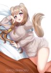  1girl absurdres animal_ears armpit_crease ass bare_shoulders bed_sheet breasts brown_hair chains cuffs dress hair_ornament handcuffs highres katou_shinobu large_breasts long_hair looking_at_viewer lying on_stomach purple_eyes raccoon_ears raccoon_girl raccoon_tail raphtalia restrained ribbed_sweater s short_dress sideboob sleeveless sleeveless_dress solo sweater tail tate_no_yuusha_no_nariagari underwear upskirt wavy_mouth white_dress 
