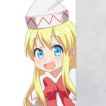  1girl :d blonde_hair blue_eyes bow cato_(monocatienus) commentary_request dress eyebrows_visible_through_hair hair_between_eyes hat light_blush lily_white long_hair looking_at_viewer motion_lines open_mouth peeking_out red_bow red_neckwear sidelocks simple_background smile solo standing touhou upper_body very_long_hair wall white_background white_dress white_hat 