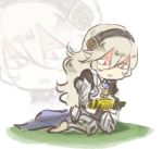  1girl black_hairband cape confused corn female_my_unit_(fire_emblem_if) fire_emblem fire_emblem_if grey_hair hairband kneeling lithety long_hair lowres my_unit_(fire_emblem_if) nintendo no_shoes open_mouth pun red_eyes solo 