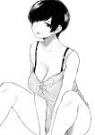  1girl :p bra_strap breasts cleavage earrings greyscale hair_over_one_eye highres jewelry medium_breasts monochrome nightgown norman_maggot olive_laurentia original pixie_cut short_hair simple_background sitting solo strap_slip tongue tongue_out white_background 