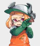  1girl baseball_cap domino_mask elbow_gloves gloves green_gloves hat inkling mask open_mouth orange_hair orange_overalls overalls paint pink_eyes pixiv13691592 pointy_ears rubber_gloves salmon_run short_hair simple_background splatoon splatoon_(series) splatoon_2 suction_cups sweat tentacle_hair upper_body v-shaped_eyebrows white_background 