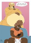  2019 anthro anthro_on_anthro beard belly belly_overhang blush body_hair bulge canid canine canis cellphone chest_hair clothing crossed_arms dialogue domestic_dog duly_(character) duly_noted duo english_text facial_hair hi_res male male/male mammal mustache navel nude overweight overweight_male penis_outline phone shirt sitting sofa speech_bubble stomach_hair text tongue tongue_out underwear 