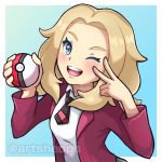  1girl artsheops blonde_hair blue_eyes creatures_(company) eyebrows game_freak jacket long_hair necktie nintendo open_mouth pokeball pokemon pokemon_swsh shirt solo teeth unnamed_girl_(pokemon_swsh) 