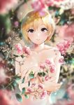  1girl aiba_yumi bangs blonde_hair blurry blurry_background blurry_foreground breasts brown_eyes casino_(casinoep) collarbone commentary_request depth_of_field eyebrows_visible_through_hair fingernails flower groin hair_between_eyes hair_flower hair_ornament highres idolmaster idolmaster_cinderella_girls looking_at_viewer medium_breasts navel nude parted_lips red_flower short_hair solo upper_body white_flower 