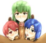  3girls absurdres armor blue_eyes blue_hair catria censored est fellatio fire_emblem fire_emblem_echoes fire_emblem_echoes:_mou_hitori_no_eiyuuou green_eyes green_hair headband highres katua long_hair medium_hair multiple_girls nintendo oral palla paola pauldrons penis pov red_eyes red_hair short_hair siblings sisters white_headband 