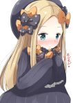  1girl abigail_williams_(fate/grand_order) absurdres aikawa_ryou bangs black_bow black_dress black_hat blonde_hair blue_eyes blush bow closed_mouth commentary_request dress fate/grand_order fate_(series) forehead hair_bow hands_up hat heart heart-shaped_pupils highres long_hair long_sleeves looking_at_viewer motion_lines nose_blush orange_bow parted_bangs polka_dot polka_dot_bow simple_background sleeves_past_fingers sleeves_past_wrists solo symbol-shaped_pupils translation_request upper_body very_long_hair white_background 