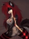  anthro black_nose blue_eyes breasts canid canine canis claws clothing ear_piercing female hair inner_ear_fluff kolae legwear long_hair looking_at_viewer mammal mostly_nude nipples piercing pink_nipples pussy red_hair sitting smile solo spread_legs spreading stockings striped_legwear striped_stockings stripes thigh_highs wolf 