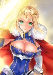  1girl artoria_pendragon_(all) artoria_pendragon_(lancer) blonde_hair blue_gloves blush breasts cape cleavage covered_navel crown elbow_gloves eyebrows_visible_through_hair fate/grand_order fate_(series) fur_trim gauntlets gloves highres large_breasts looking_at_viewer nia_(leafunia) smile solo 