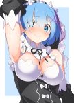  1girl absurdres arm_up armpits arms_up blue_background blue_eyes blue_hair blush breasts dress eyebrows_visible_through_hair hair_ornament hair_ribbon highres maid re:zero_kara_hajimeru_isekai_seikatsu rem_(re:zero) ribbon short_hair sia_namsbinpeni smile solo two-tone_background upper_body white_background x_hair_ornament 