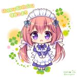  1girl :d apron bangs black_footwear blue_bow blue_dress blush bow brown_hair character_name chibi clover commentary_request copyright_request dress eyebrows_visible_through_hair four-leaf_clover frilled_apron frills hair_between_eyes happy_birthday highres juliet_sleeves long_hair long_sleeves looking_at_viewer low_twintails maid maid_apron maid_headdress open_mouth pantyhose puffy_sleeves purple_eyes ryuuka_sane signature smile solo standing twintails twitter_username very_long_hair white_apron white_background white_legwear 