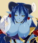  astaroth_(shinrabanshou) bad_id bad_pixiv_id black_sclera blue_hair blue_skin breast_hold breasts earrings hanging_breasts heart heart_earrings horns jewelry kojou large_breasts naughty_face nipples pointy_ears puffy_nipples red_wings shinrabanshou solo topless translated wings yellow_eyes 