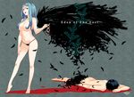  1girl barefoot bikini_bottom black_bikini_bottom black_lipstick blood blue_eyes blue_hair breasts censored convenient_censoring feathers feet hair_censor hair_over_breasts higashi_no_eden kuroha_diana_shiratori lipstick makeup takizawa_akira task_owner topless wings 