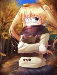  1girl black_skirt blonde_hair blue_eyes blurry blurry_background crossed_arms day eyebrows_visible_through_hair eyepatch floating_hair gloves hair_between_eyes leaf leaf_on_head long_hair long_sleeves miniskirt mittens nakatsu_shizuru open_mouth outdoors pleated_skirt rewrite skirt solo standing tagame_(tagamecat) very_long_hair white_coat white_gloves 