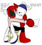  &lt;3 2006 black_eyes blush bottomless boxing_gloves clothed clothing dialogue footwear green_eyes homestar_runner homestar_runner_(character) male musachan not_furry shoes strong_bad suggestive 