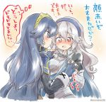  2girls armor blue_eyes blue_hair blush breasts cape eromame female_my_unit_(fire_emblem_if) fingerless_gloves fire_emblem fire_emblem:_kakusei fire_emblem_if gloves hair_between_eyes hairband hand_holding long_hair lucina mamkute multiple_girls my_unit_(fire_emblem_if) nintendo open_mouth pointy_ears red_eyes simple_background super_smash_bros. super_smash_bros._ultimate tiara translation_request white_hair yuri 