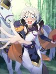  1boy ahoge bangs bare_shoulders blue_eyes blush detached_sleeves fate/grand_order fate_(series) forest gao_changgong_(fate) hair_between_eyes hakka_(88hk88) horse looking_at_viewer male_focus nature open_mouth reaching_out short_hair silver_hair solo tears valentine white_hair 