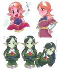  2girls black_hair chronoa demon_girl dragon_ball dragon_ball_heroes dragon_ball_xenoverse dress earrings goddess green_dress jewelry long_hair moguro_(qianchul) multiple_girls pink_dress pink_hair pointy_ears robelu short_hair 