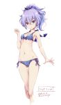  1girl alternate_costume armpits azur_lane bangs bare_arms bare_shoulders bikini blue_eyes blush breasts cleavage eyebrows_visible_through_hair frilled_bikini frills front-tie_bikini front-tie_top gluteal_fold hair_between_eyes hair_ribbon highres javelin_(azur_lane) looking_at_viewer lowleg lowleg_bikini midriff moupii_(hitsuji_no_ki) navel plaid plaid_bikini ponytail purple_hair ribbon side-tie_bikini signature smile solo swimsuit thighs white_background 