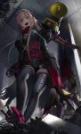  2girls absurdres armband assault_rifle building coat commentary_request concrete girls_frontline gun headgear highres indoors leotard long_hair loudspeaker m4_carbine m4_sopmod_ii m4_sopmod_ii_(girls_frontline) mechanical_arm multicolored_hair multiple_girls open_clothes open_coat open_mouth pink_hair prosthesis prosthetic_arm purple_hair purple_legwear red_eyes rifle solo sopmod streaked_hair thighhighs weapon yusuke_gg 