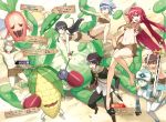  3boys 4girls ahoge arm_up armpits barefoot beach bikini black_gloves black_hair black_pants blue_hair boots boxing_gloves breasts brown_bikini brown_footwear character_name cleavage cleavage_cutout detached_sleeves dress_shirt eiyuu_kyoushitsu flail floating_hair full_body gloves hair_between_eyes hands_on_head holding holding_sword holding_weapon large_breasts leaning_forward long_hair long_sleeves medium_breasts monster morisawa_haruyuki morning_star multicolored_hair multiple_boys multiple_girls novel_illustration official_art open_mouth outdoors outstretched_arm pants red_eyes red_gloves red_hair shiny shiny_hair shirt silver_hair small_breasts strapless strapless_bikini swimsuit sword thighhighs two-tone_hair underboob very_long_hair weapon white_legwear white_shirt 